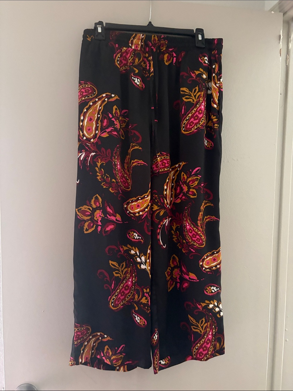 Rafaella Black Wide-Leg Pants with Pink & Gold Paisley